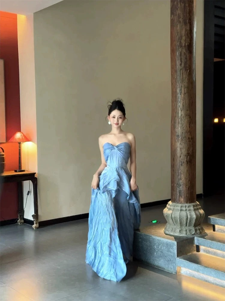 Robes de bal de printemps/été/plage Glam A-line bustier bleues pour invités de mariage N3962