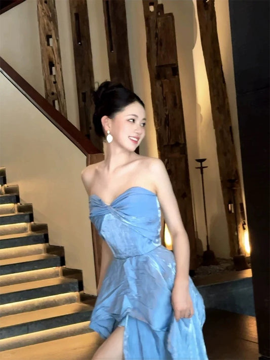 Glam A line Sweetheart Blue Prom Spring Summer Beach Formal Wedding Guest Dresses N3962