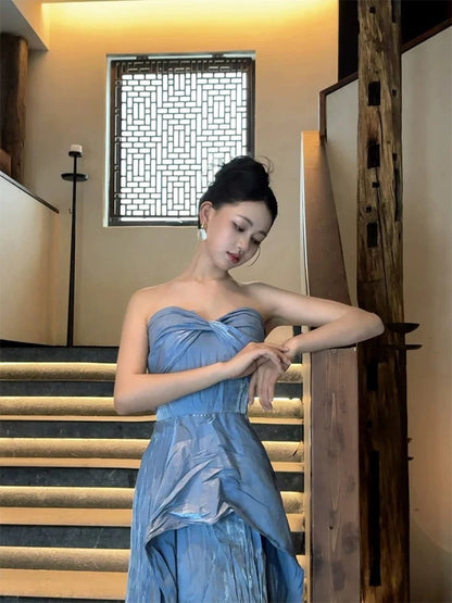 Robes de bal de printemps/été/plage Glam A-line bustier bleues pour invités de mariage N3962