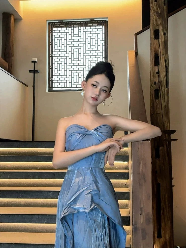 Robes de bal de printemps/été/plage Glam A-line bustier bleues pour invités de mariage N3962