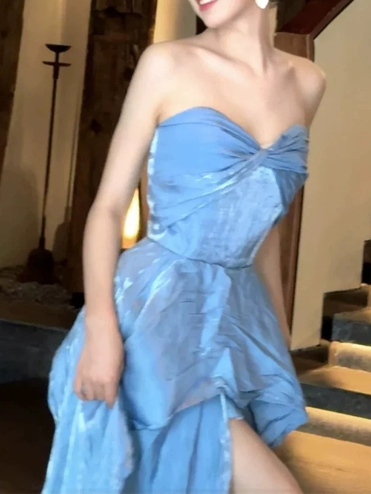 Robes de bal de printemps/été/plage Glam A-line bustier bleues pour invités de mariage N3962