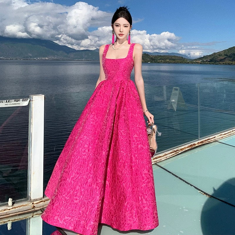 Wunderschöne Abschlussballkleider Ballkleid Quadratischer Ausschnitt Hot Pink Spitze Langes formelles Abendkleid N3965