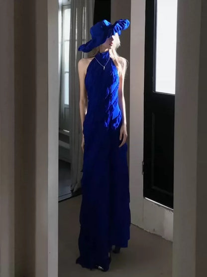 Robes de bal élégantes Fourreau Col montant Bleu roi Mousseline de soie à volants Robe de soirée longue N3969