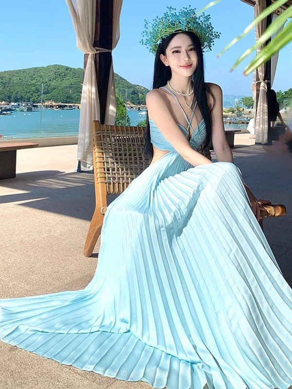 Elegante Ballkleider A-Linie Neckholder Blau Chiffon mit plissiertem, rückenfreiem langen Abendkleid N3970