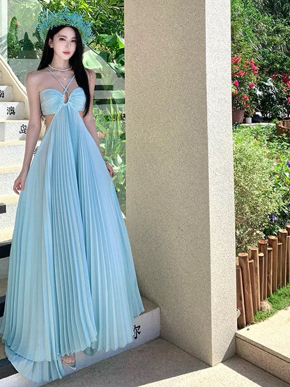 Elegante Ballkleider A-Linie Neckholder Blau Chiffon mit plissiertem, rückenfreiem langen Abendkleid N3970