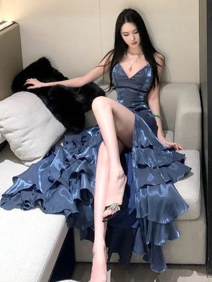 Meerjungfrau Spaghettiträger Langes Rückenfreies Ballkleid Marineblau Langes Abendkleid N3941