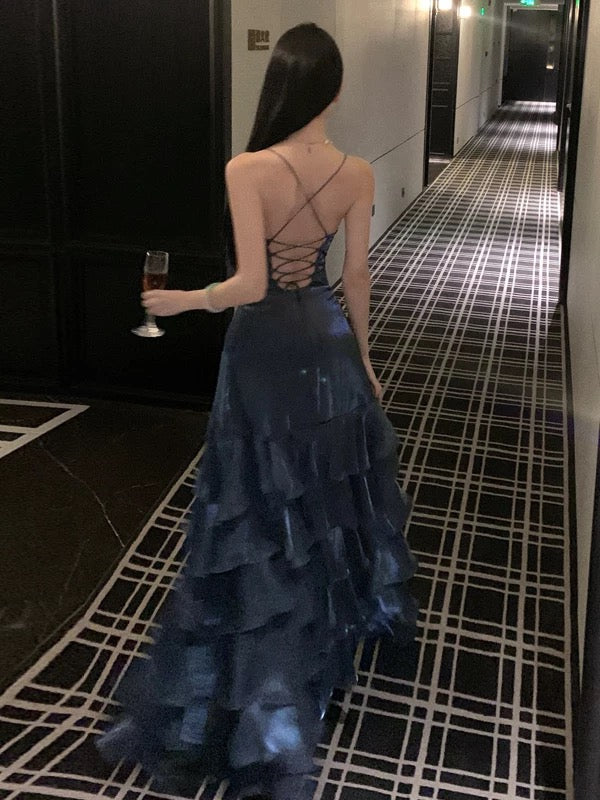 Meerjungfrau Spaghettiträger Langes Rückenfreies Ballkleid Marineblau Langes Abendkleid N3941