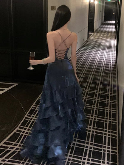 Meerjungfrau Spaghettiträger Langes Rückenfreies Ballkleid Marineblau Langes Abendkleid N3941