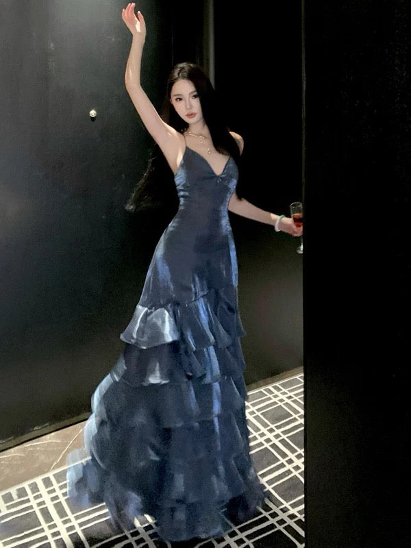 Meerjungfrau Spaghettiträger Langes Rückenfreies Ballkleid Marineblau Langes Abendkleid N3941
