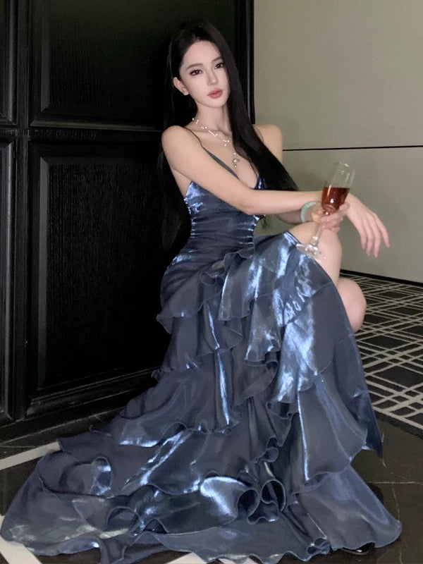 Meerjungfrau Spaghettiträger Langes Rückenfreies Ballkleid Marineblau Langes Abendkleid N3941