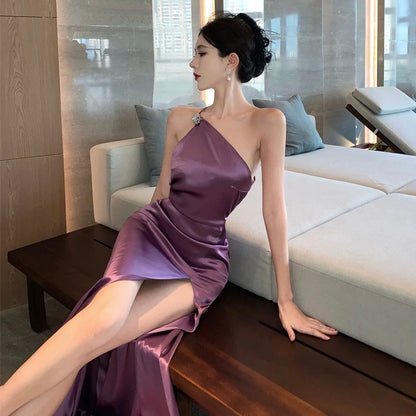 Meerjungfrau Ein-Schulter-Trauben-Satin 21. Geburtstag Elegantes Outfit Frühling Sommer Strand Formelle Hochzeit Brautjungfernkleider N3972
