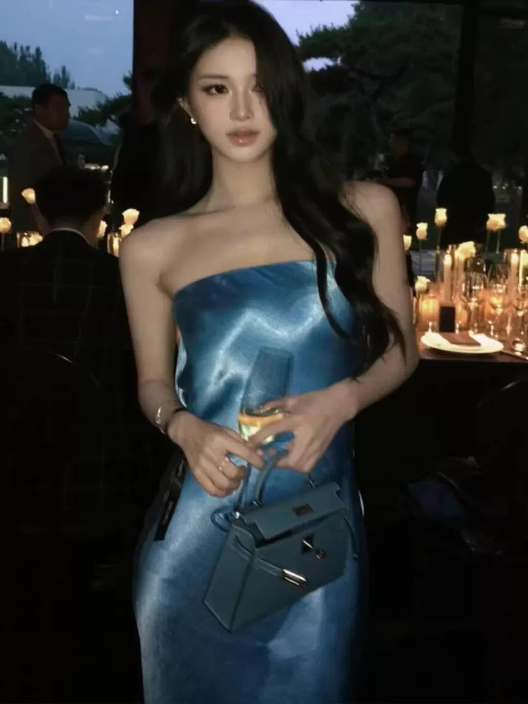 Meerjungfrau trägerlos blau Satin 21. Geburtstag elegantes Outfit Frühling Sommer Strand formelle Hochzeitsgastkleider N3974