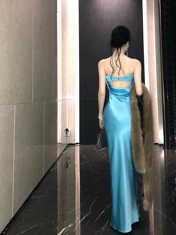 Meerjungfrau trägerlos blau Satin 21. Geburtstag elegantes Outfit Frühling Sommer Strand formelle Hochzeitsgastkleider N3974
