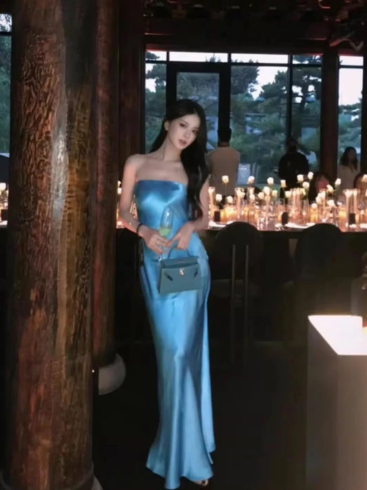 Mermaid Strapless Blue Satin 21st Birthday Elegant Outfit Spring Summer Beach Formal Wedding Bridal Guest Dresses N3974