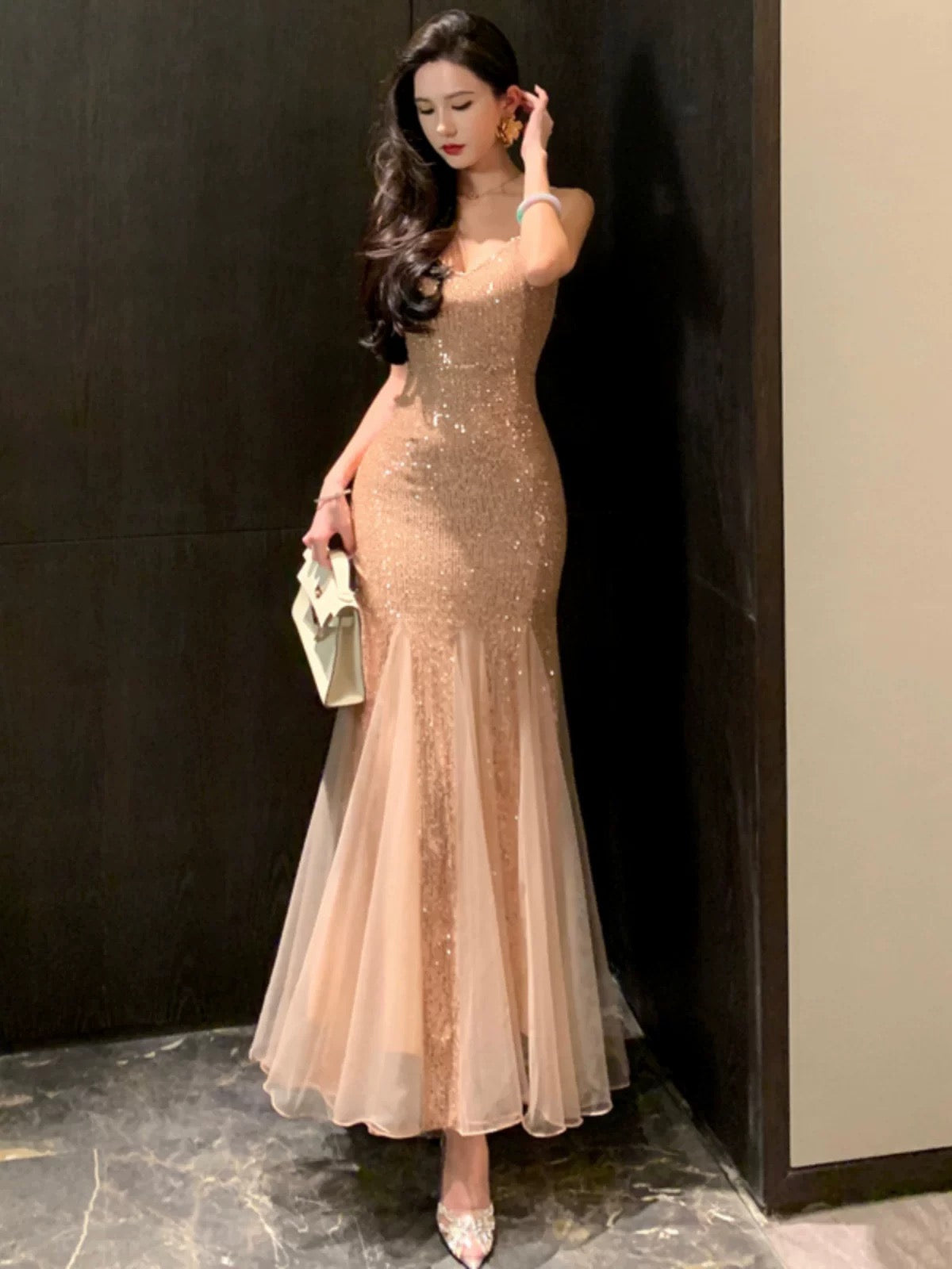Robe sirène à fines bretelles à sequins champagne pour le 21e anniversaire, tenue élégante d'été pour la plage, robe de soirée de mariage pour invitées N3978