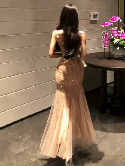Robe sirène à fines bretelles à sequins champagne pour le 21e anniversaire, tenue élégante d'été pour la plage, robe de soirée de mariage pour invitées N3978