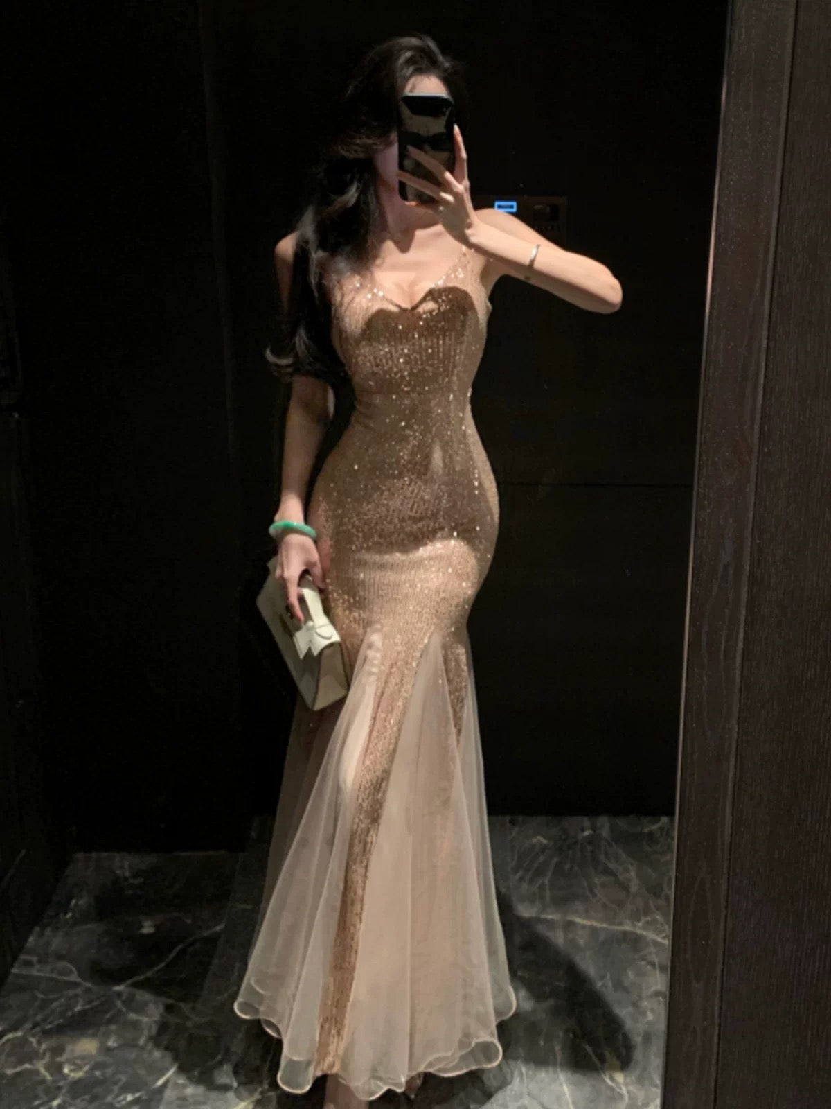 Robe sirène à fines bretelles à sequins champagne pour le 21e anniversaire, tenue élégante d'été pour la plage, robe de soirée de mariage pour invitées N3978