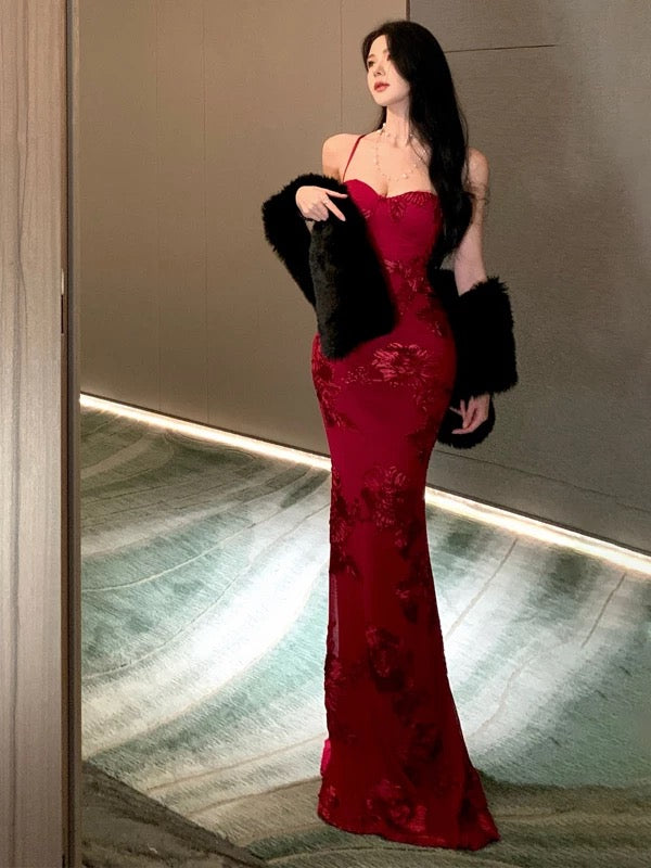 Robe Sirène Sexy à Bretelles Fines Bourgogne Dos Nu Dentelle pour 21ème Anniversaire Tenue Élégante Robe de Bal d'Été Robes de Soirée pour Invitée de Mariage N3981