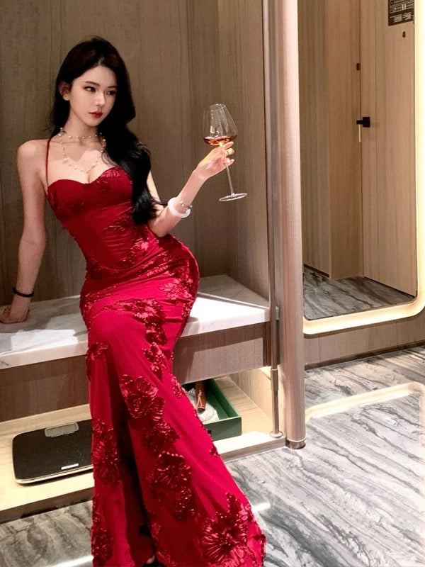 Robe Sirène Sexy à Bretelles Fines Bourgogne Dos Nu Dentelle pour 21ème Anniversaire Tenue Élégante Robe de Bal d'Été Robes de Soirée pour Invitée de Mariage N3981