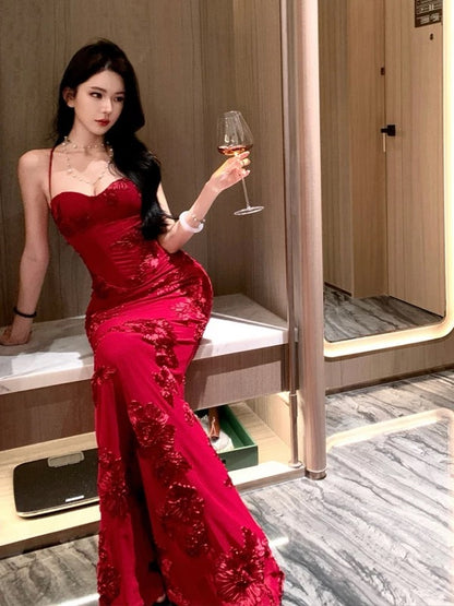 Robe Sirène Sexy à Bretelles Fines Bourgogne Dos Nu Dentelle pour 21ème Anniversaire Tenue Élégante Robe de Bal d'Été Robes de Soirée pour Invitée de Mariage N3981