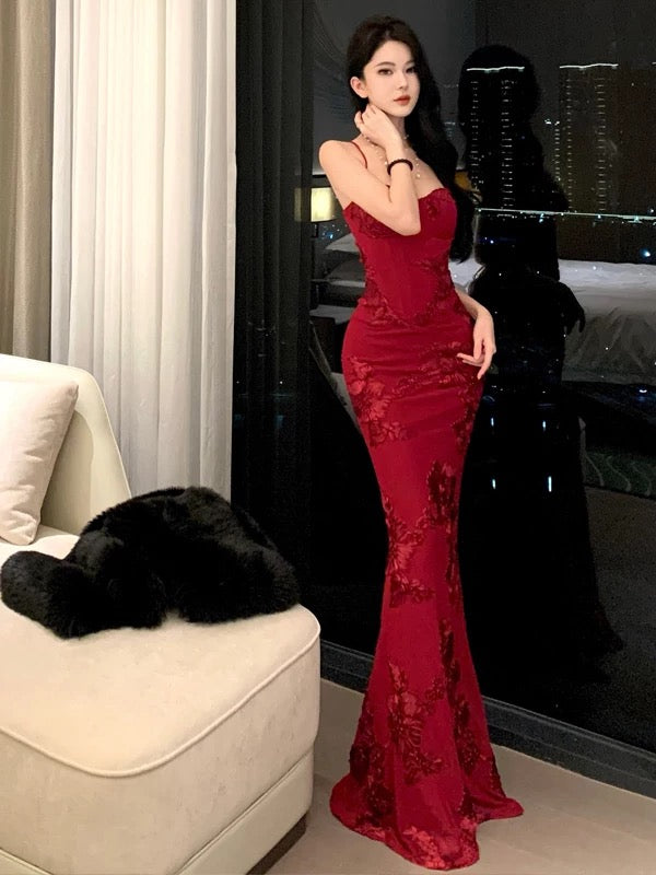 Robe Sirène Sexy à Bretelles Fines Bourgogne Dos Nu Dentelle pour 21ème Anniversaire Tenue Élégante Robe de Bal d'Été Robes de Soirée pour Invitée de Mariage N3981