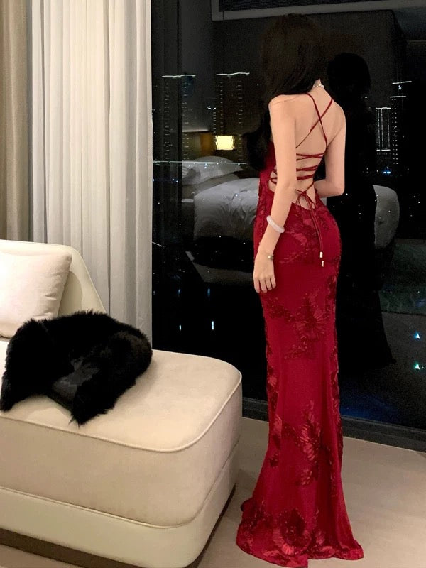 Robe Sirène Sexy à Bretelles Fines Bourgogne Dos Nu Dentelle pour 21ème Anniversaire Tenue Élégante Robe de Bal d'Été Robes de Soirée pour Invitée de Mariage N3981