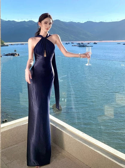 Elegantes Meerjungfrauen-Neckholder-Abendkleid in Marineblau für den 21. Geburtstag – Sommerball, formelles Kleid, Hochzeitsgastkleid N3985