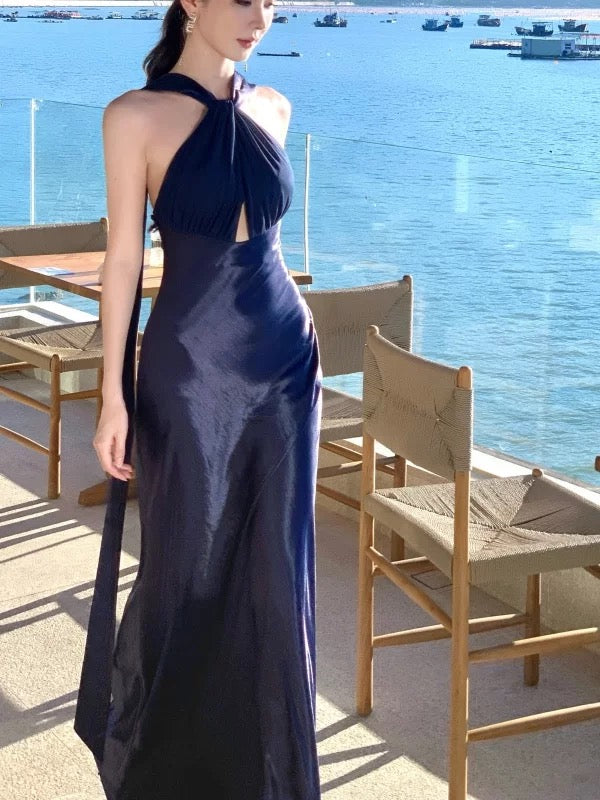 Elegantes Meerjungfrauen-Neckholder-Abendkleid in Marineblau für den 21. Geburtstag – Sommerball, formelles Kleid, Hochzeitsgastkleid N3985