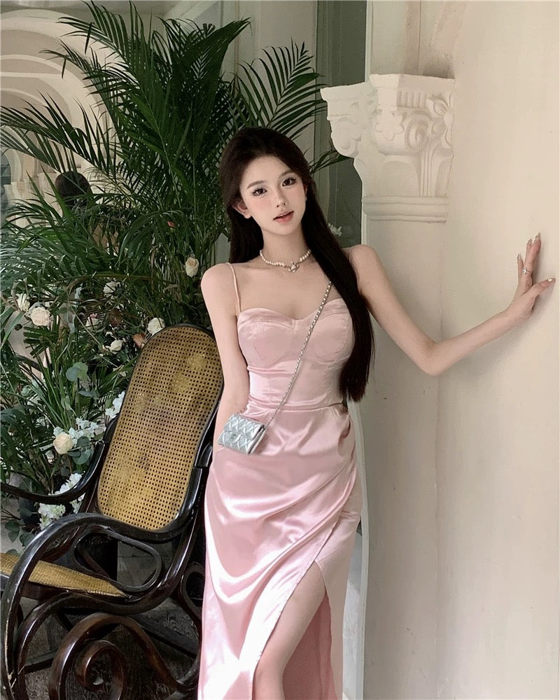 Robe de soirée élégante sirène simple à fines bretelles pour 21e anniversaire, fente estivale, longueur thé, pour invitée de mariage N3987
