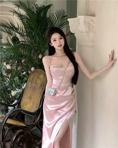 Robe de soirée élégante sirène simple à fines bretelles pour 21e anniversaire, fente estivale, longueur thé, pour invitée de mariage N3987