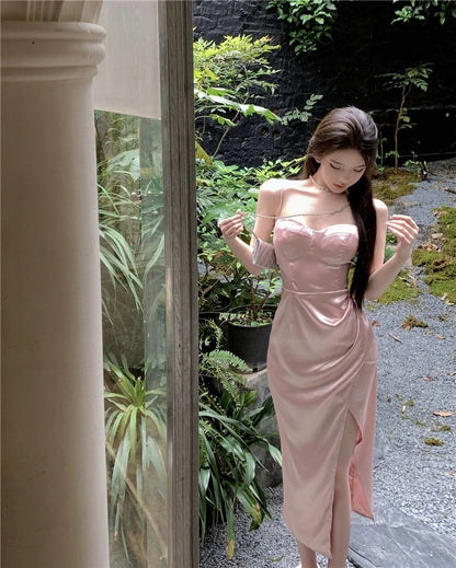 Robe de soirée élégante sirène simple à fines bretelles pour 21e anniversaire, fente estivale, longueur thé, pour invitée de mariage N3987