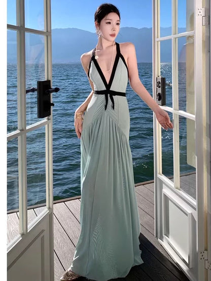 Jolies Robes de Bal Sirène Licou Bleu Mousseline Robe de Soirée Semi Longue Formelle N3988