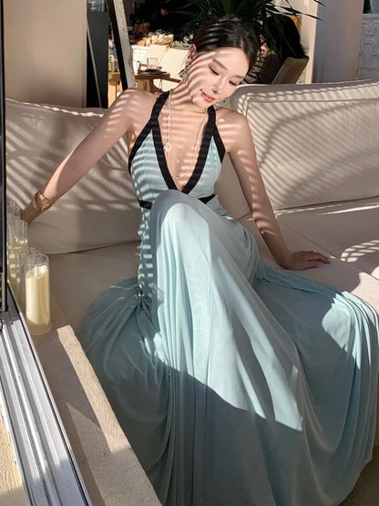 Jolies Robes de Bal Sirène Licou Bleu Mousseline Robe de Soirée Semi Longue Formelle N3988