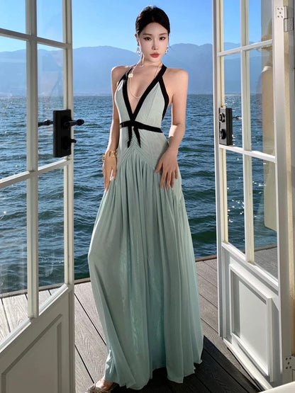 Jolies Robes de Bal Sirène Licou Bleu Mousseline Robe de Soirée Semi Longue Formelle N3988