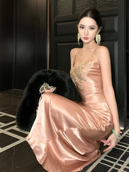 Jolies Robes de Bal Sirène Bretelles Spaghetti Rose Robe de Soirée Semi Longue Formelle N3991