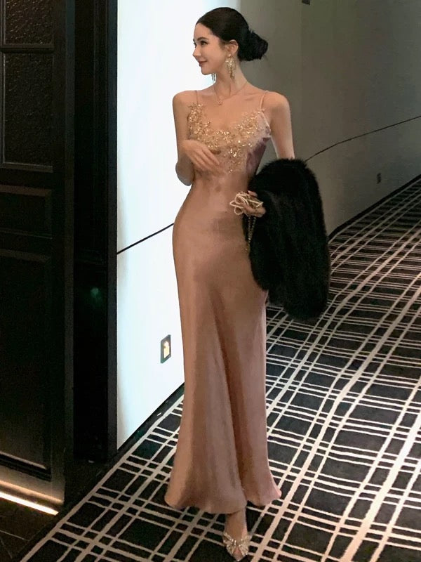 Jolies Robes de Bal Sirène Bretelles Spaghetti Rose Robe de Soirée Semi Longue Formelle N3991