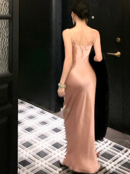 Jolies Robes de Bal Sirène Bretelles Spaghetti Rose Robe de Soirée Semi Longue Formelle N3991