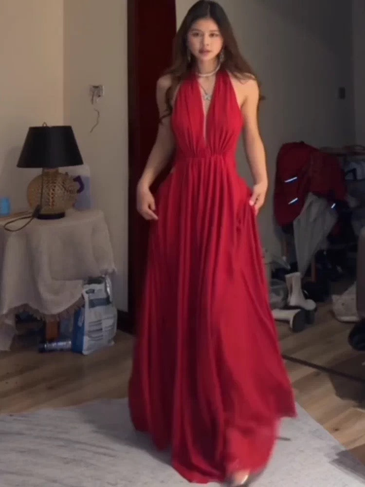 Robes de bal simples, ligne A, licou, mousseline rouge, dos nu, robe de soirée, robe de cérémonie semi-longue N3992