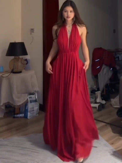 Robes de bal simples, ligne A, licou, mousseline rouge, dos nu, robe de soirée, robe de cérémonie semi-longue N3992