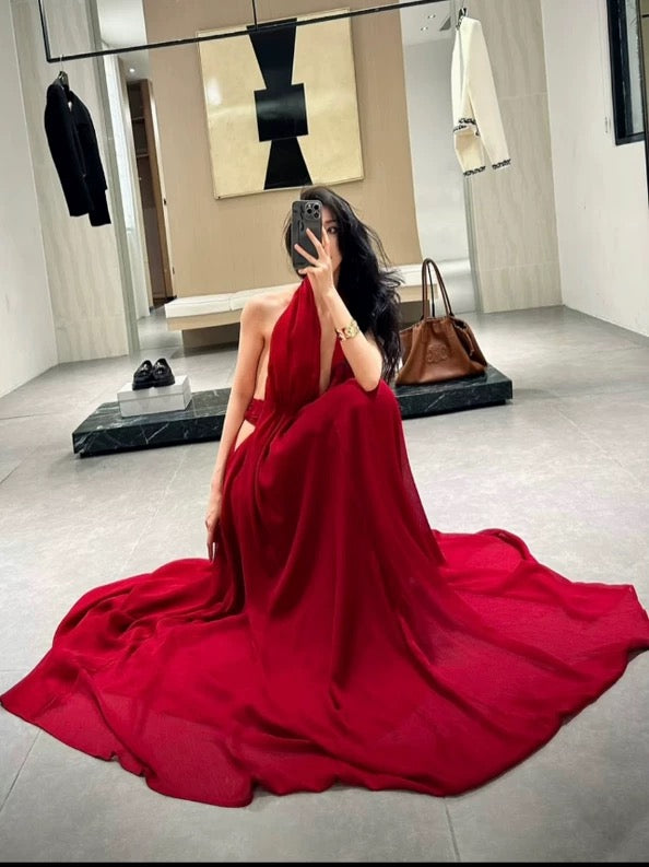 Robes de bal simples, ligne A, licou, mousseline rouge, dos nu, robe de soirée, robe de cérémonie semi-longue N3992