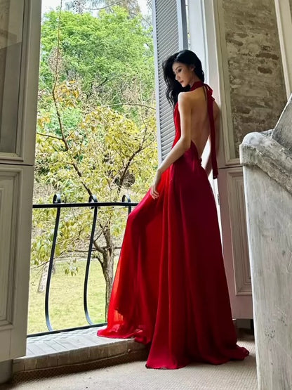 Robes de bal simples, ligne A, licou, mousseline rouge, dos nu, robe de soirée, robe de cérémonie semi-longue N3992