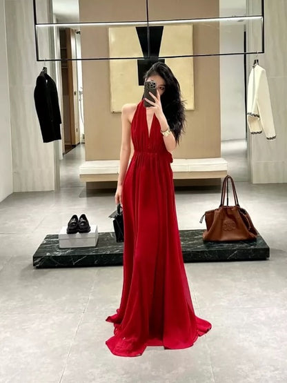 Robes de bal simples, ligne A, licou, mousseline rouge, dos nu, robe de soirée, robe de cérémonie semi-longue N3992