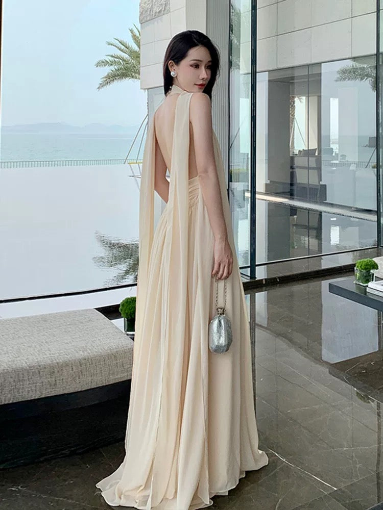 Robes de bal simples Trapèze Halter Champagne Mousseline avec ruban Robe de soirée Robe longue formelle N3994