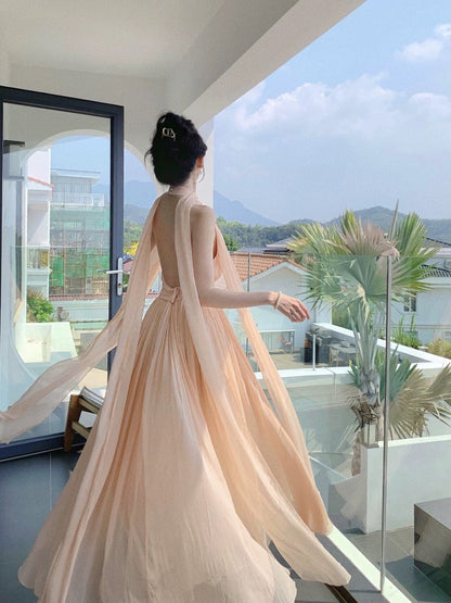 Robes de bal simples Trapèze Halter Champagne Mousseline avec ruban Robe de soirée Robe longue formelle N3994