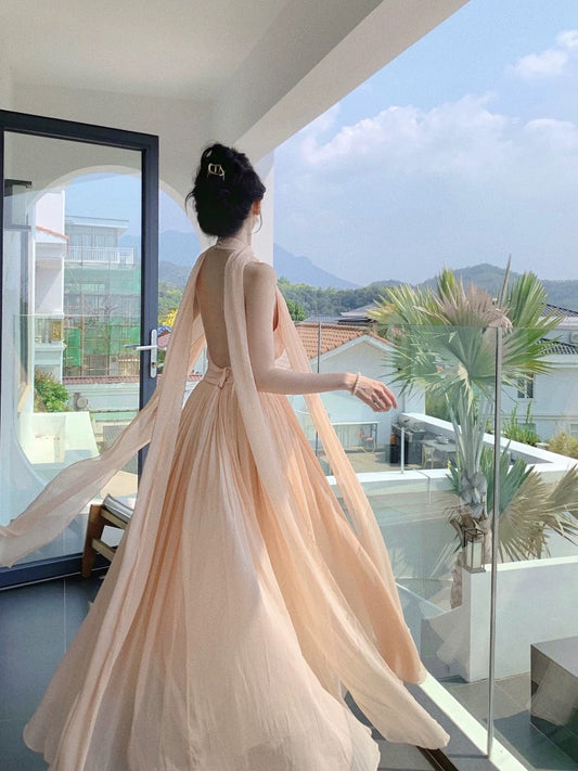 Simple Prom Dresses A line Halter Champagne Chiffon With Ribbon Evening Gown Formal Long Formal Dress N3994