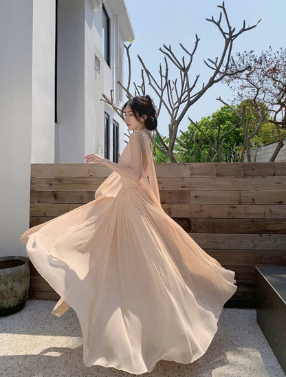 Robes de bal simples Trapèze Halter Champagne Mousseline avec ruban Robe de soirée Robe longue formelle N3994