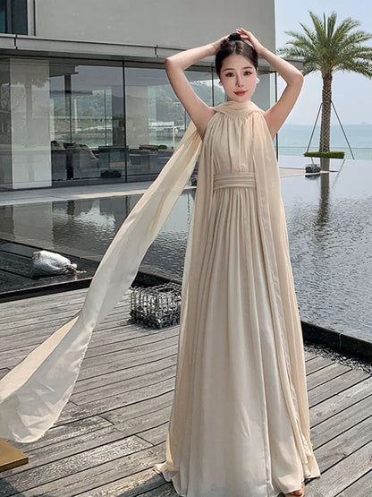 Robes de bal simples Trapèze Halter Champagne Mousseline avec ruban Robe de soirée Robe longue formelle N3994