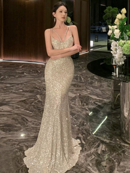 Robe de soirée élégante sirène sexy à fines bretelles et sequins pour 21e anniversaire, tenue d'été formelle pour invitée de mariage N3997
