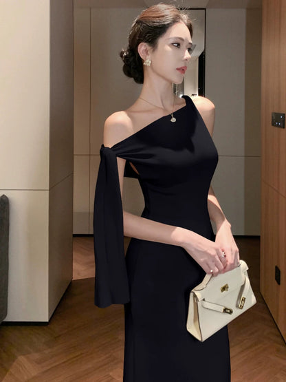 Robe Sirène Sexy Asymétrique Anniversaire 21 Ans Élégante Longueur Genou Robe de Demoiselle d'honneur Été N4000