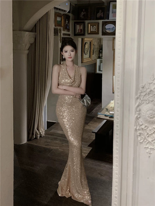 Modest Mermaid Halter Sequin Champagne 21st Birthday Elegant Outfit Summer Formal Wedding Guest Dresses N4002